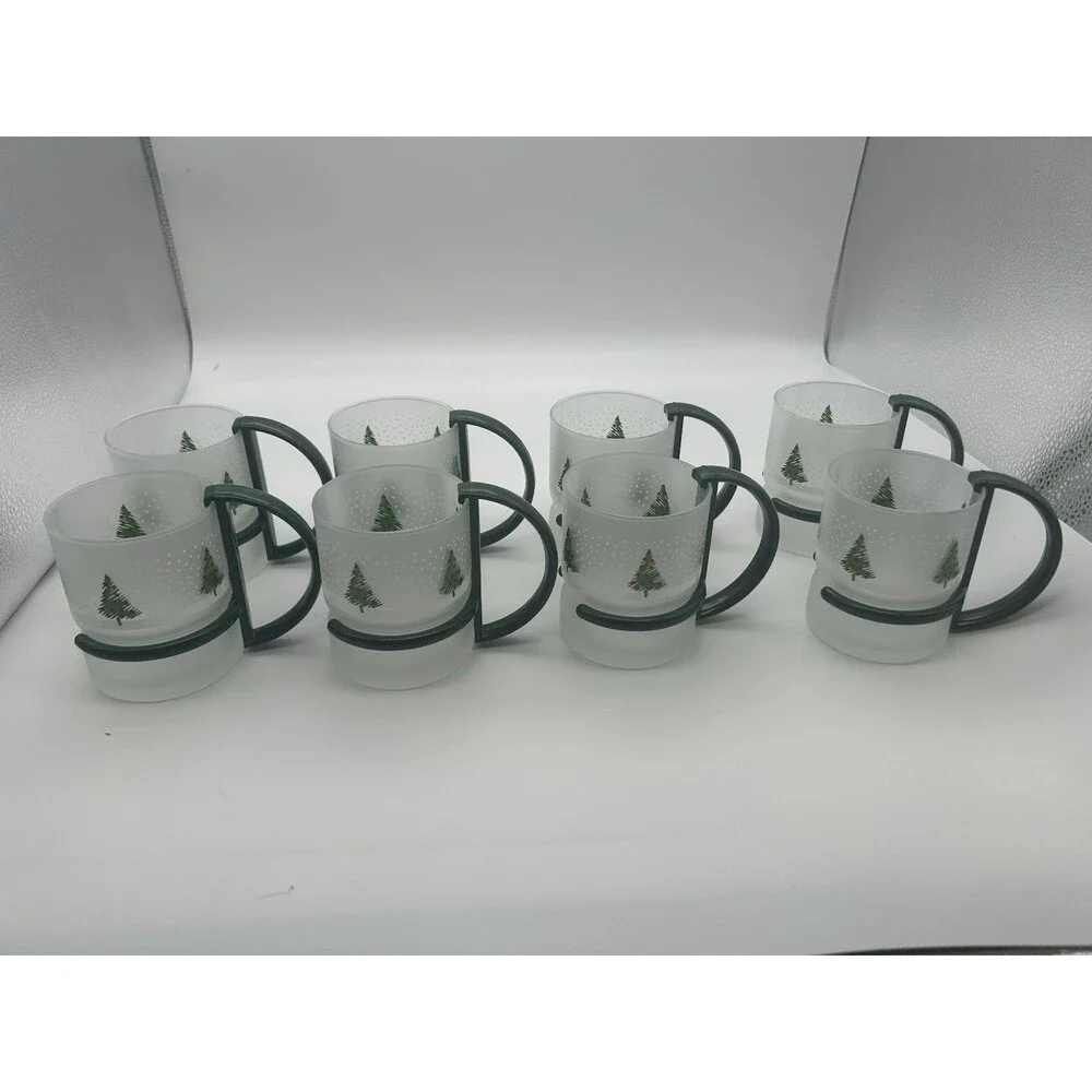 8 Christmas Inspiration Frosted Glass Mugs w/ Removable Handles VTG Set